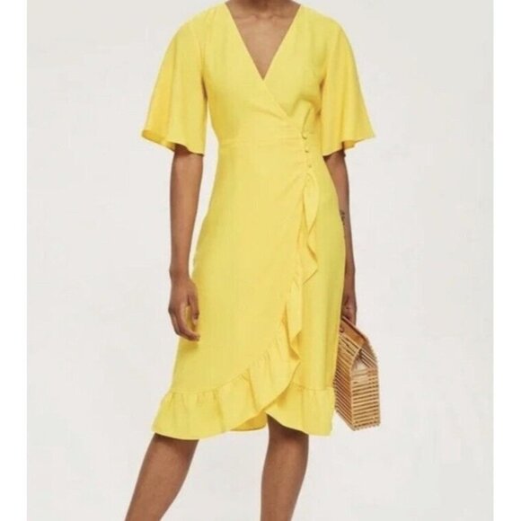 Top Shop Ruffle True Wrap A-Line Yellow Dress Size 2 Short Sleeve - Picture 1 of 16